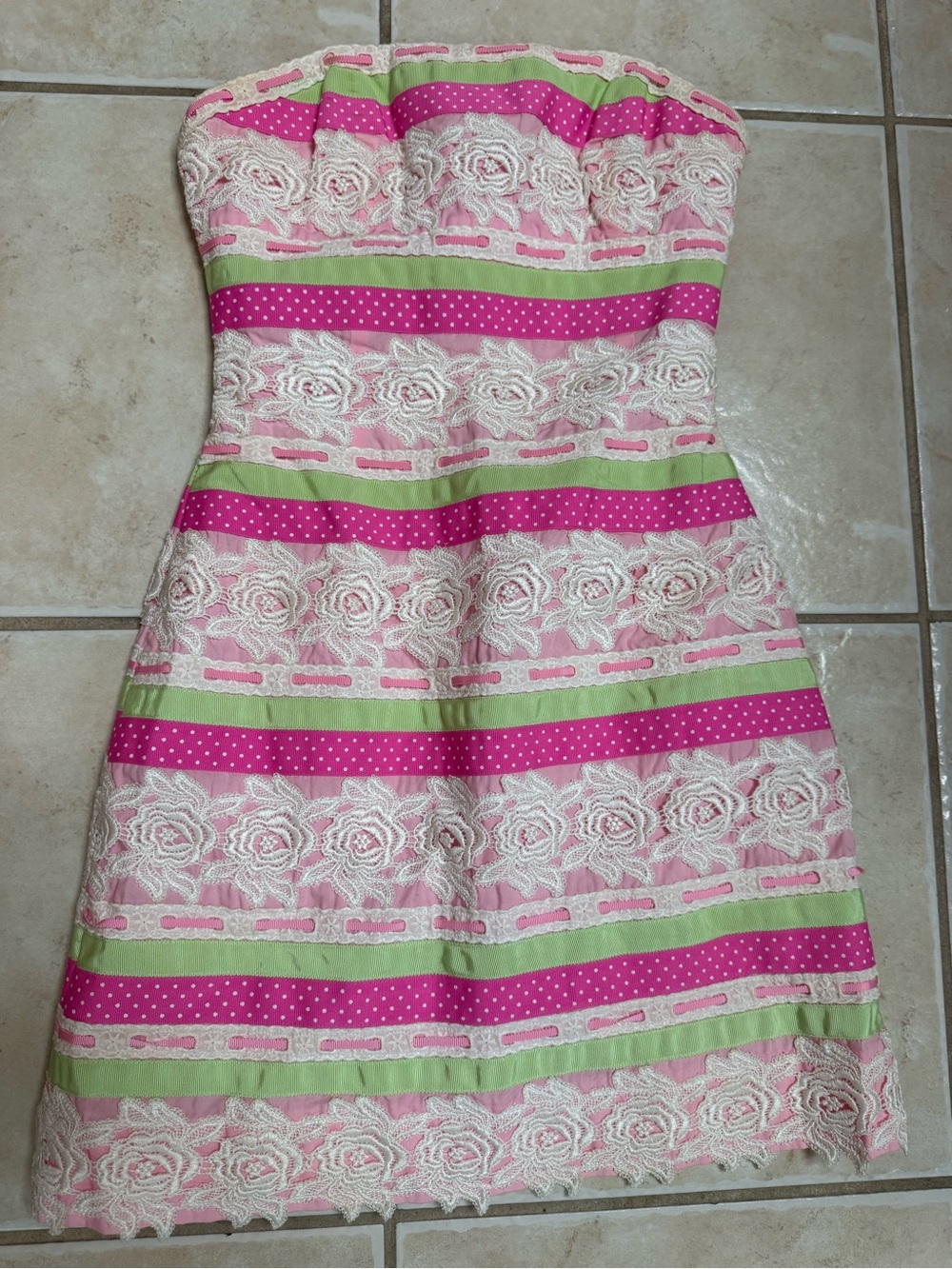 Lily Pulitzer Vintage Women’s Strapless Floral Lace Dress in Pink, Green & Cream